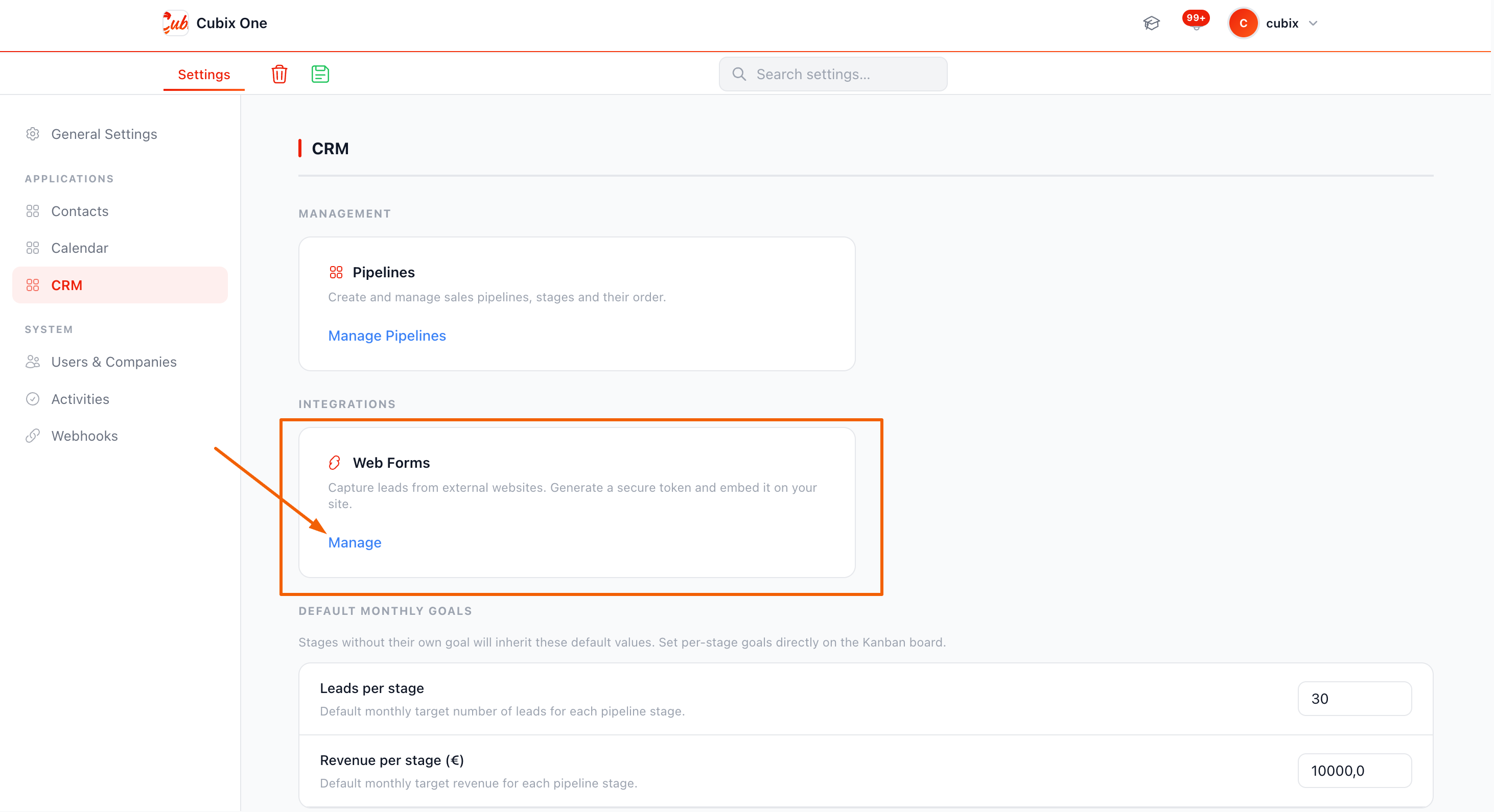 CRM Settings — Webforms tab