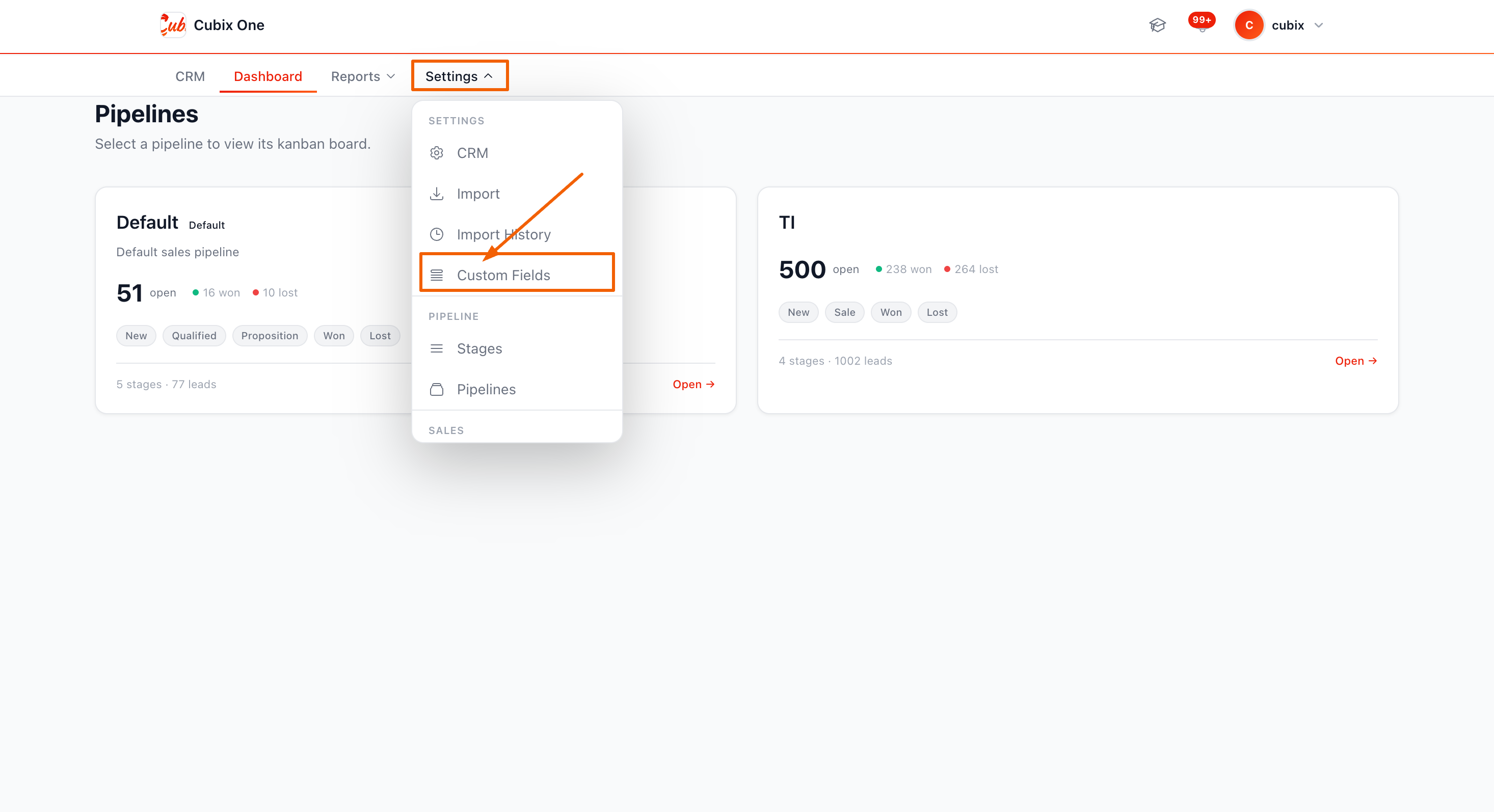 CRM Settings dropdown — Custom Fields option