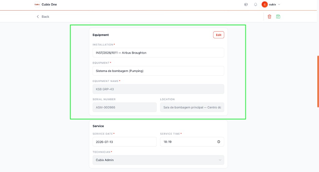 Equipment section — installation, equipment search, name, serial number, location, and Edit button
