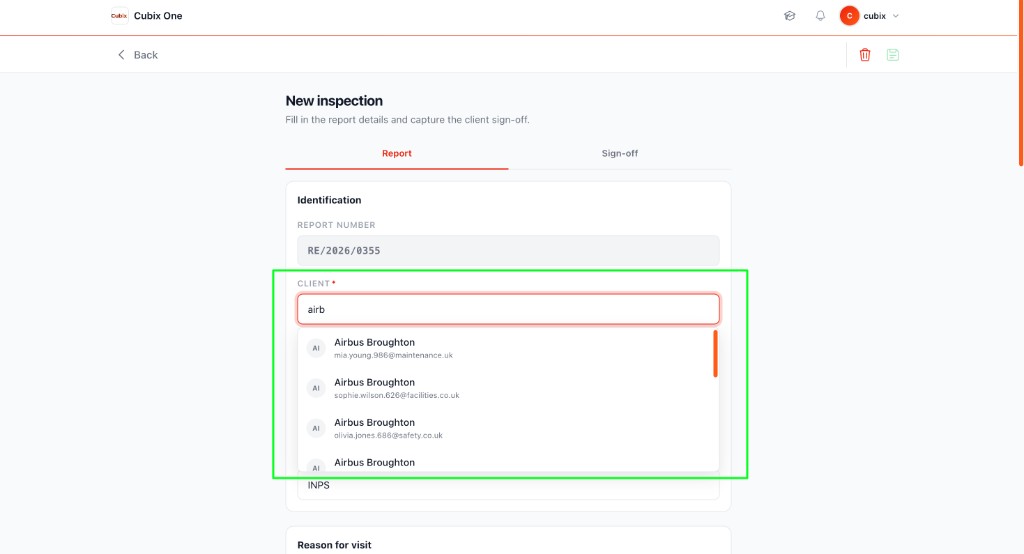 Identification section — report number, client search with dropdown, email, tax ID, and cost center