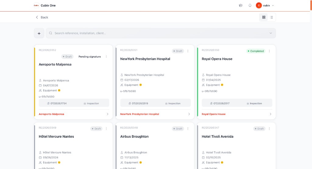 Inspection list — card view with reference, client, installation, service date, and status badges