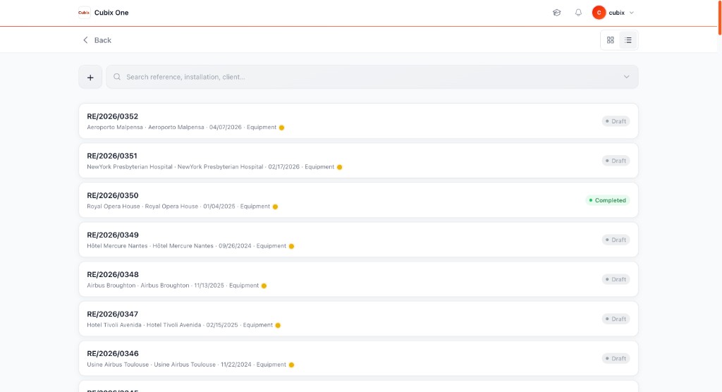 Inspection list — list view with reference, installation, client, date, and status rows