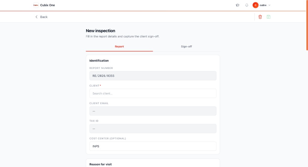 New inspection — page title, Report / Sign-off tabs, and subnav toolbar