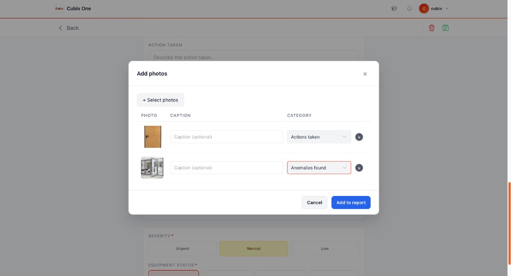 Add photos modal — thumbnail previews, caption, category dropdown, and Add to report