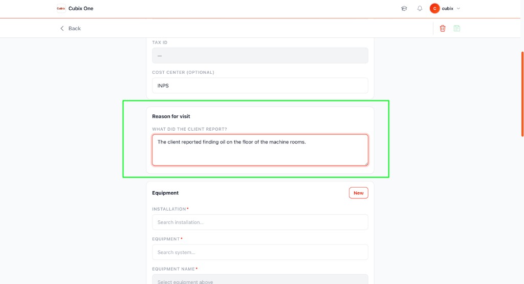 Reason for visit section — client report textarea