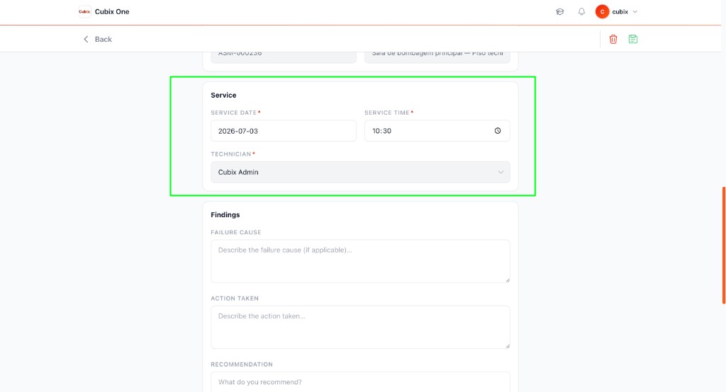 Service section — service date, service time, and technician dropdown